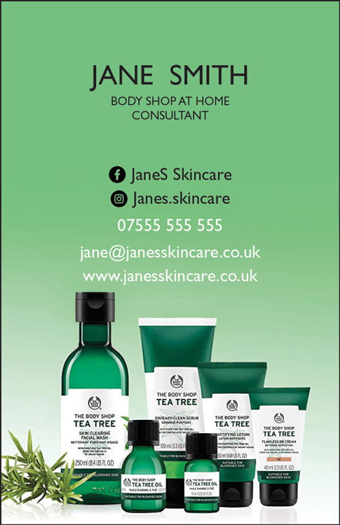 Body Shop Business Cards - portrait style - tea tree green 